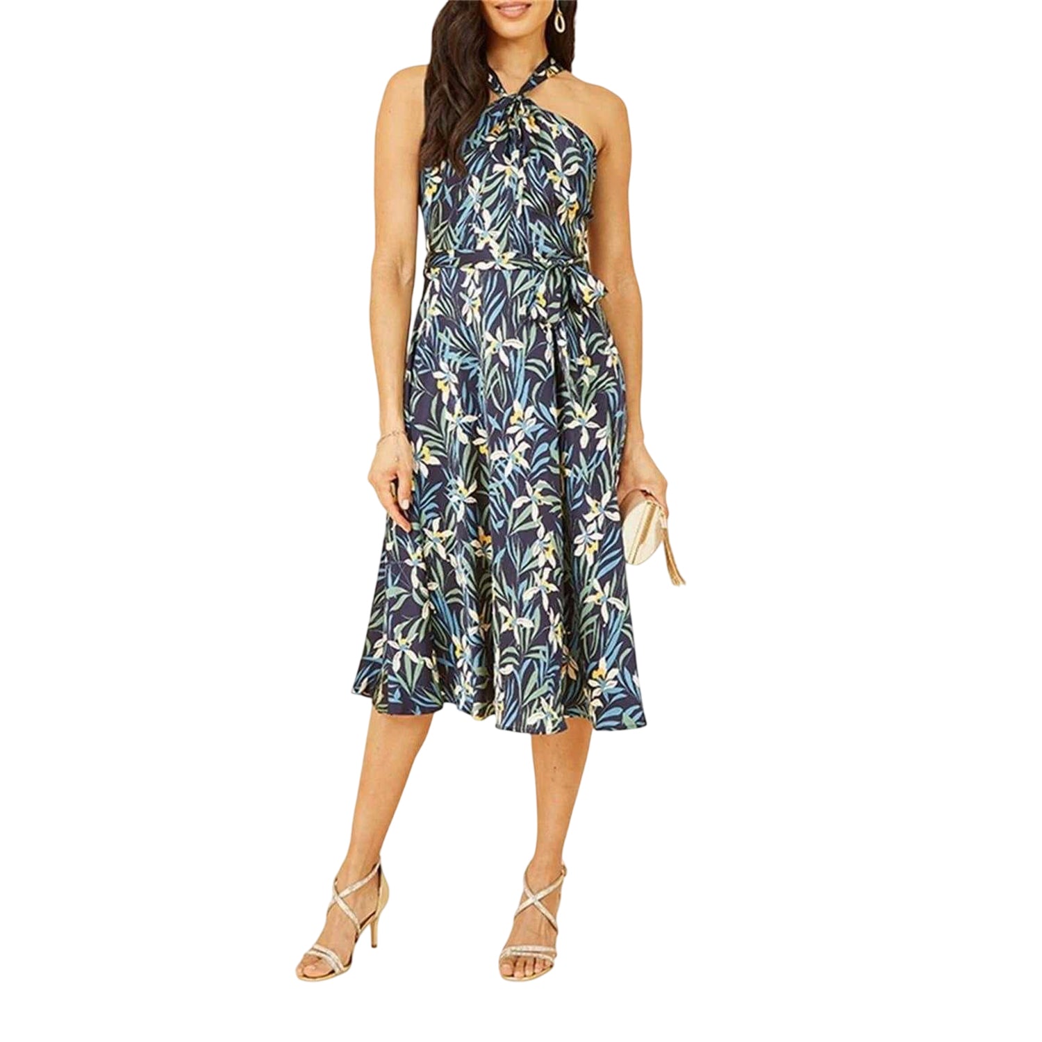 Navy - Side - Yumi Womens-Ladies Tropical Floral Regular Summer Midi Dress