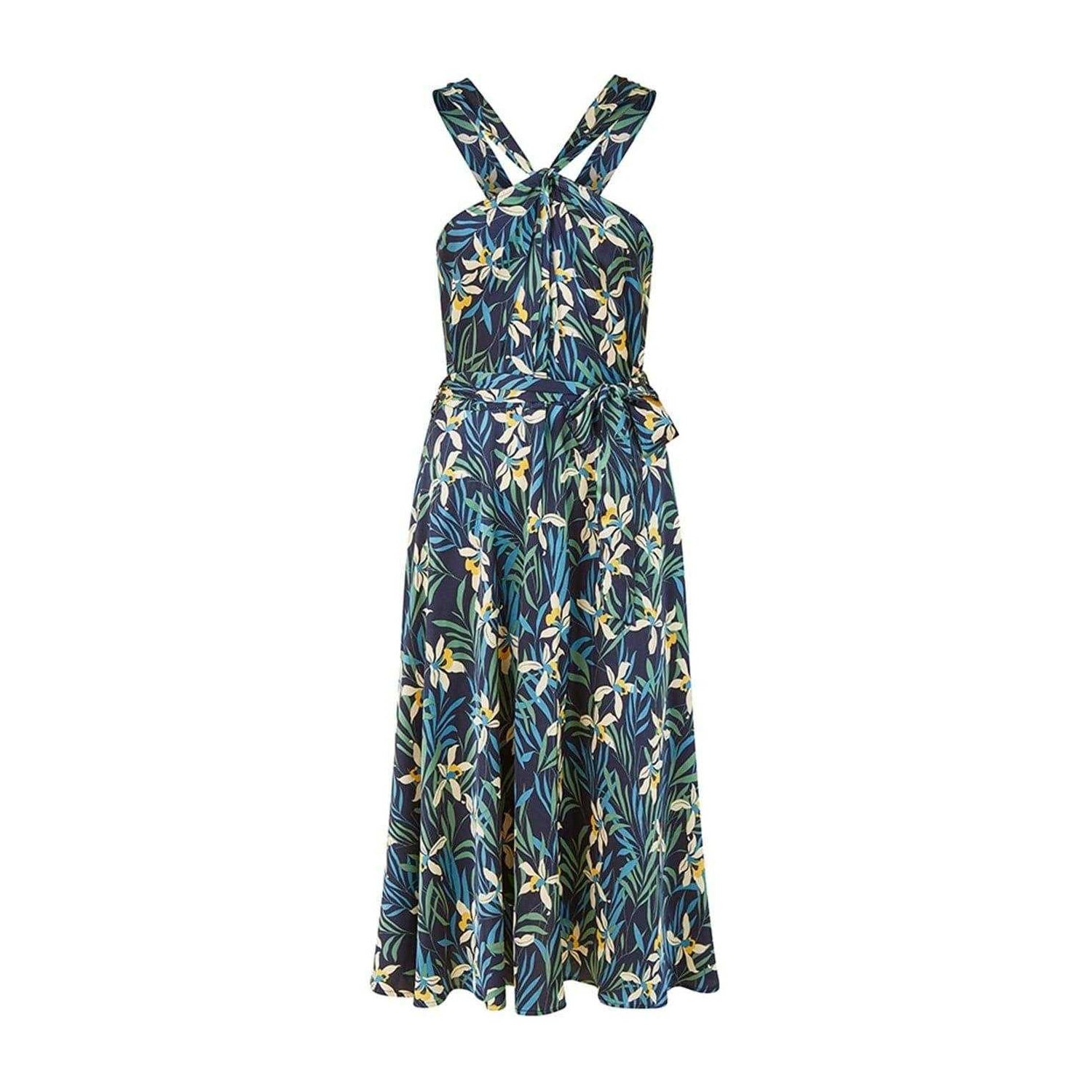 Navy - Front - Yumi Womens-Ladies Tropical Floral Regular Summer Midi Dress