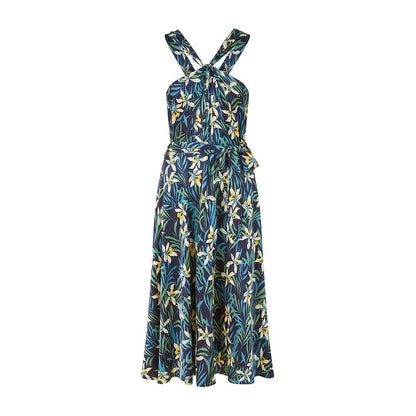 Navy - Front - Yumi Womens-Ladies Tropical Floral Regular Summer Midi Dress