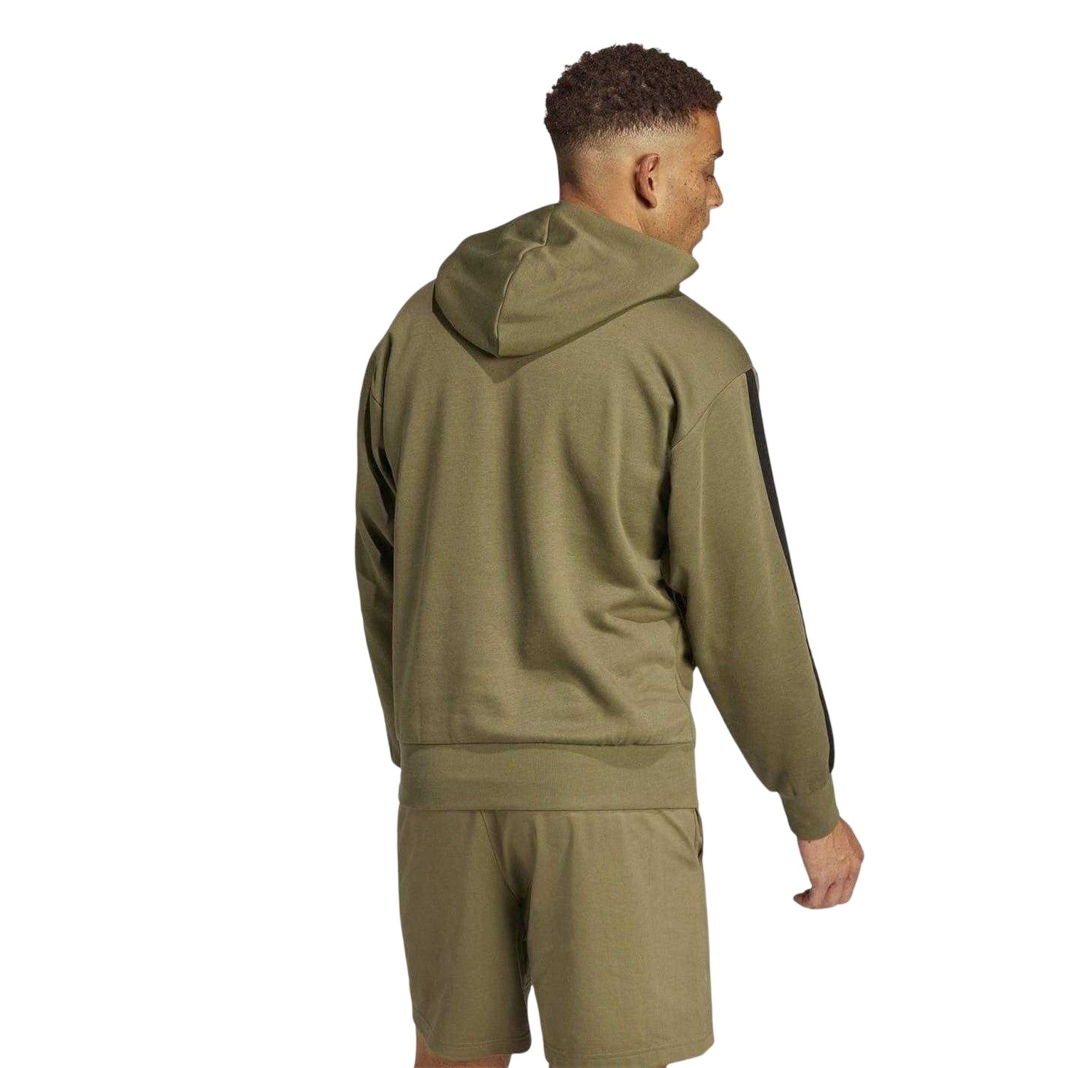 Olive Strata - Back - Adidas Mens Essentials 3 Stripes Fleece Logo Hoodie