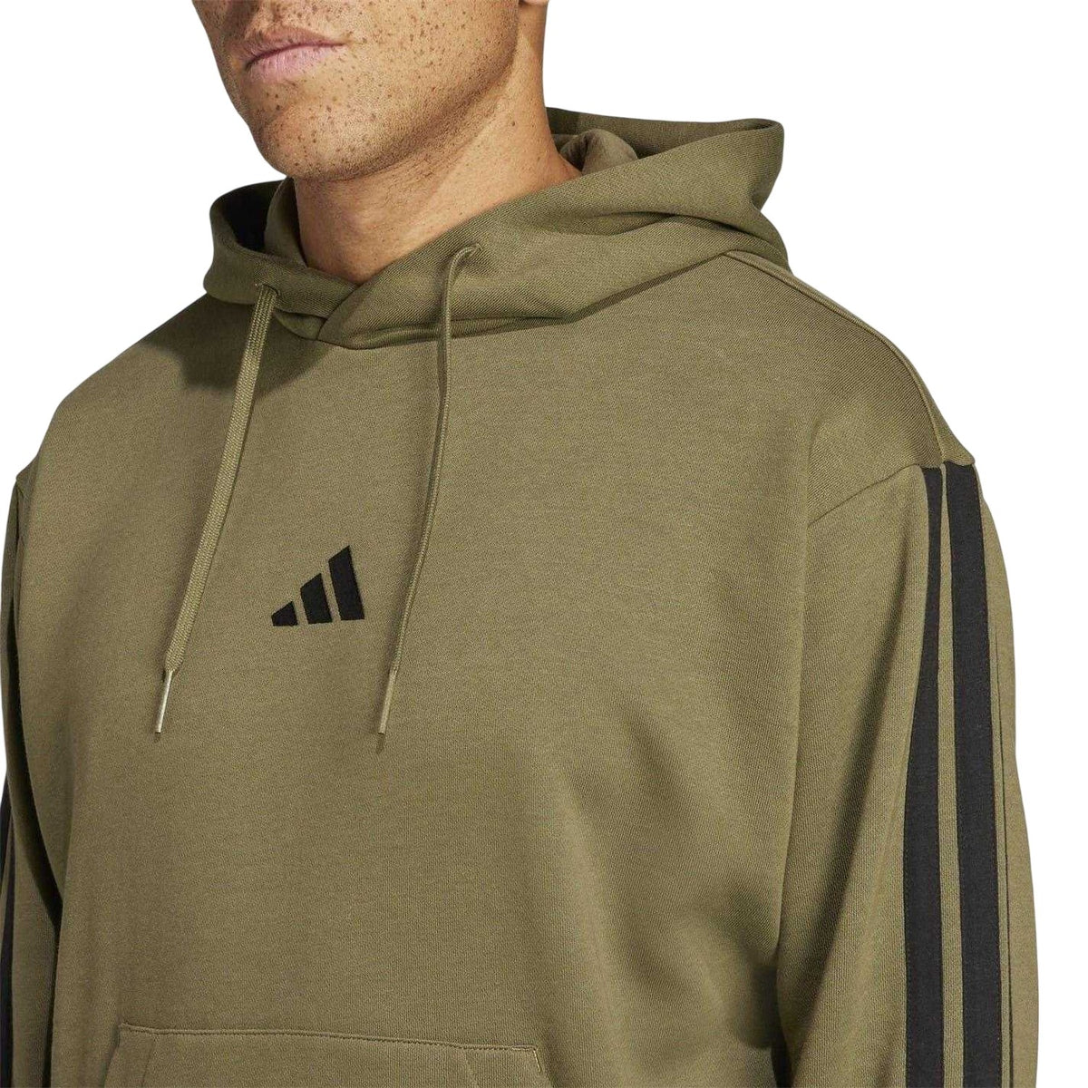 Olive Strata - Side - Adidas Mens Essentials 3 Stripes Fleece Logo Hoodie