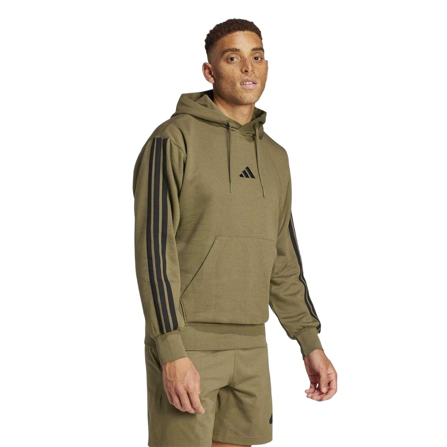 Olive Strata - Lifestyle - Adidas Mens Essentials 3 Stripes Fleece Logo Hoodie