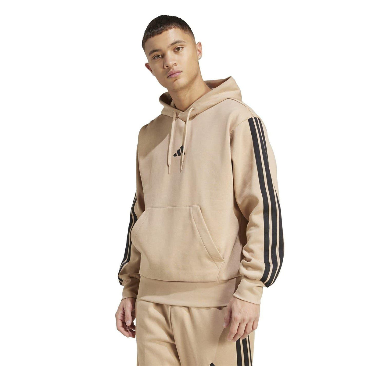 Sandstone - Back - Adidas Mens Essentials 3 Stripes Fleece Logo Hoodie