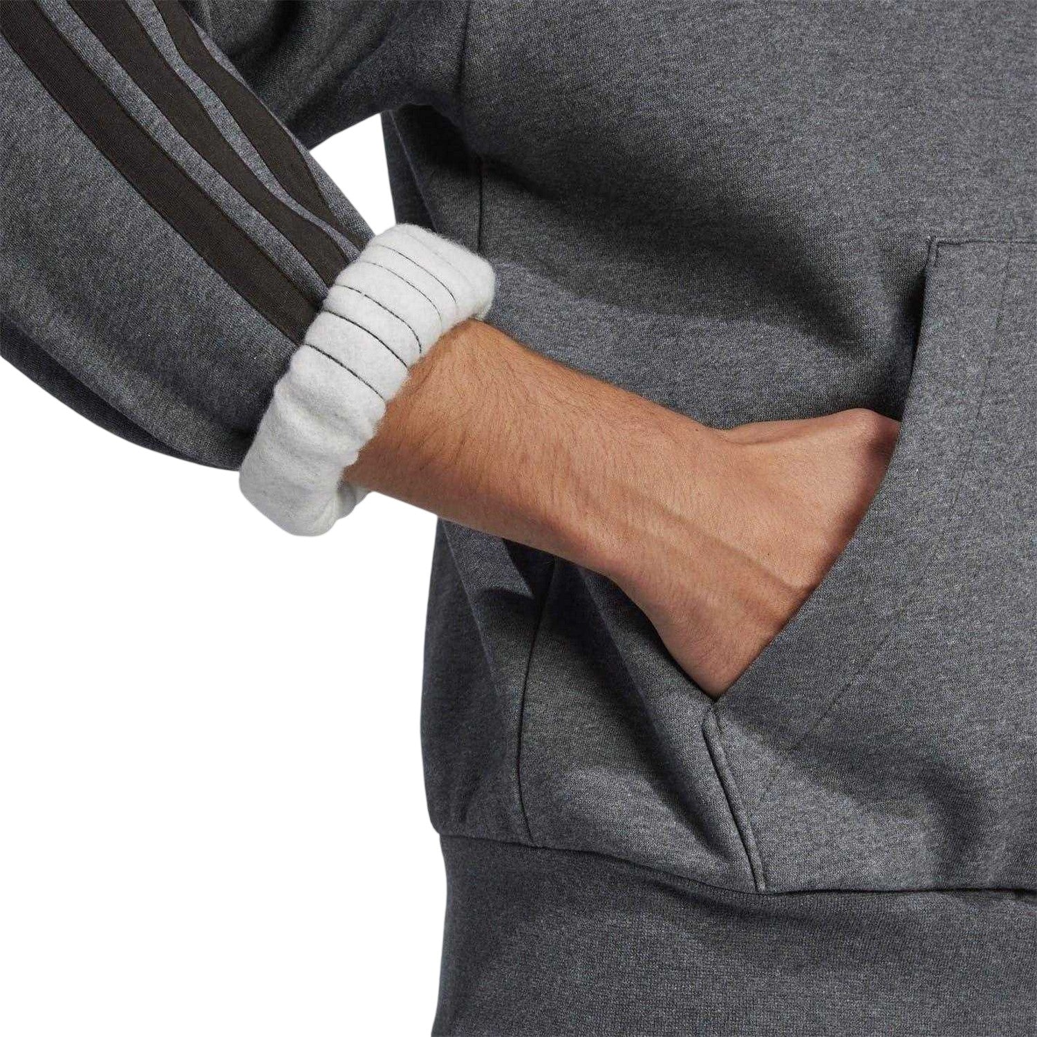 Medium Grey-Black - Side - Adidas Mens Essentials 3 Stripes Fleece Logo Hoodie