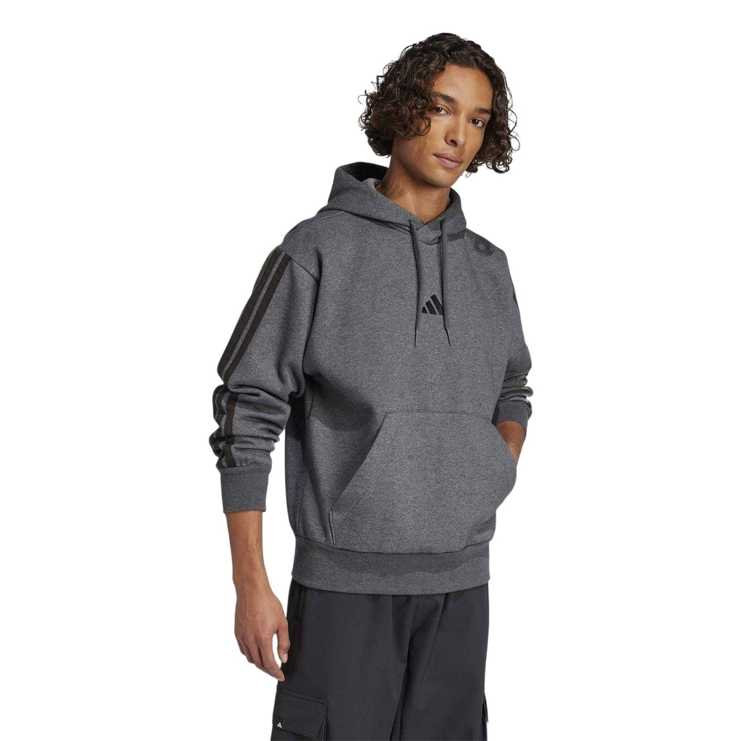 Medium Grey-Black - Lifestyle - Adidas Mens Essentials 3 Stripes Fleece Logo Hoodie