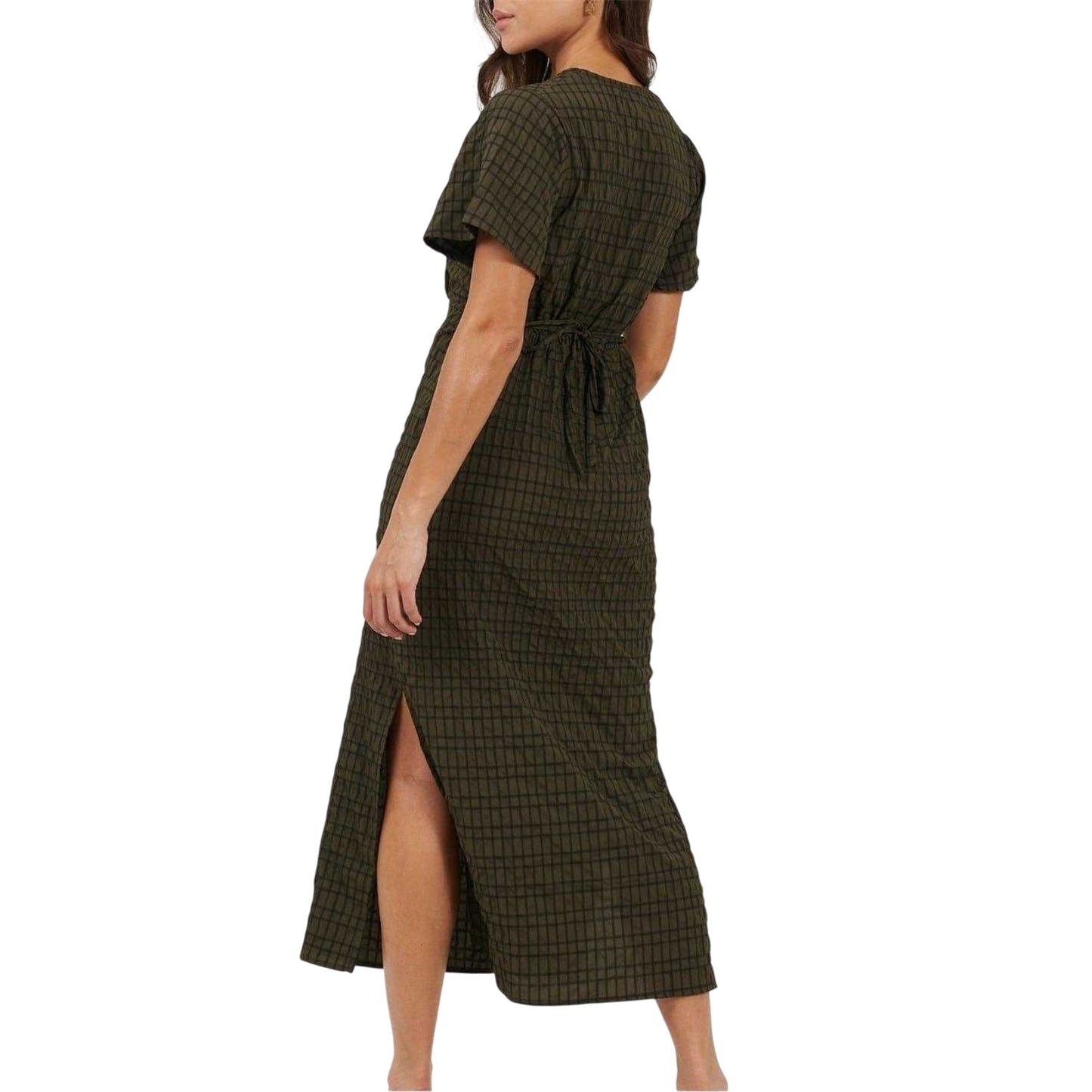 Khaki-Black - Back - Brave Soul Womens-Ladies Tie Back Short-Sleeved Midi Dress