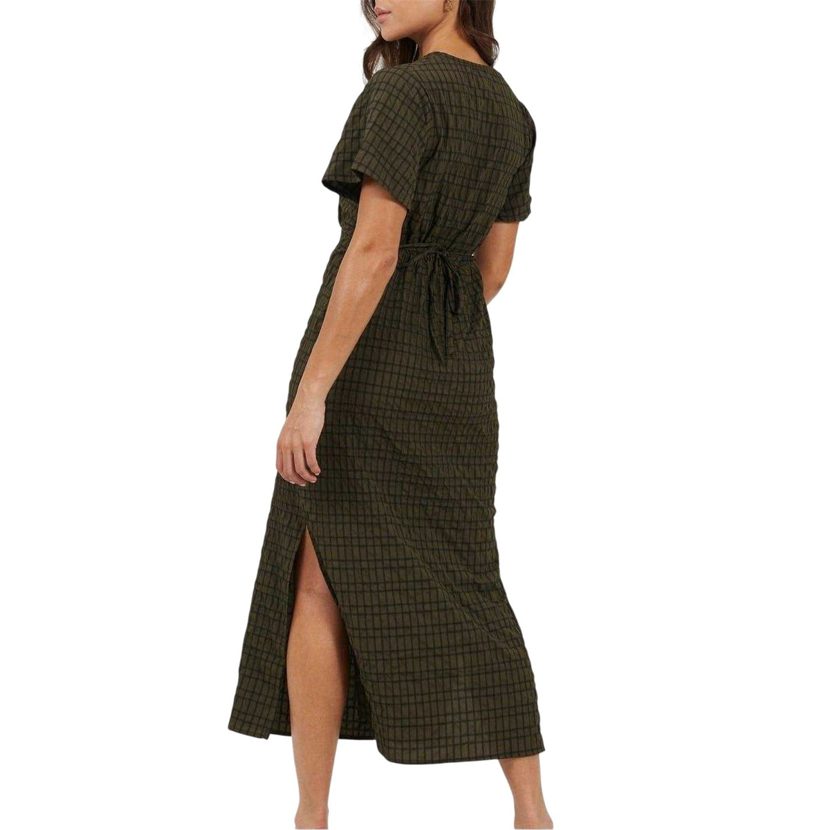 Khaki-Black - Back - Brave Soul Womens-Ladies Tie Back Short-Sleeved Midi Dress