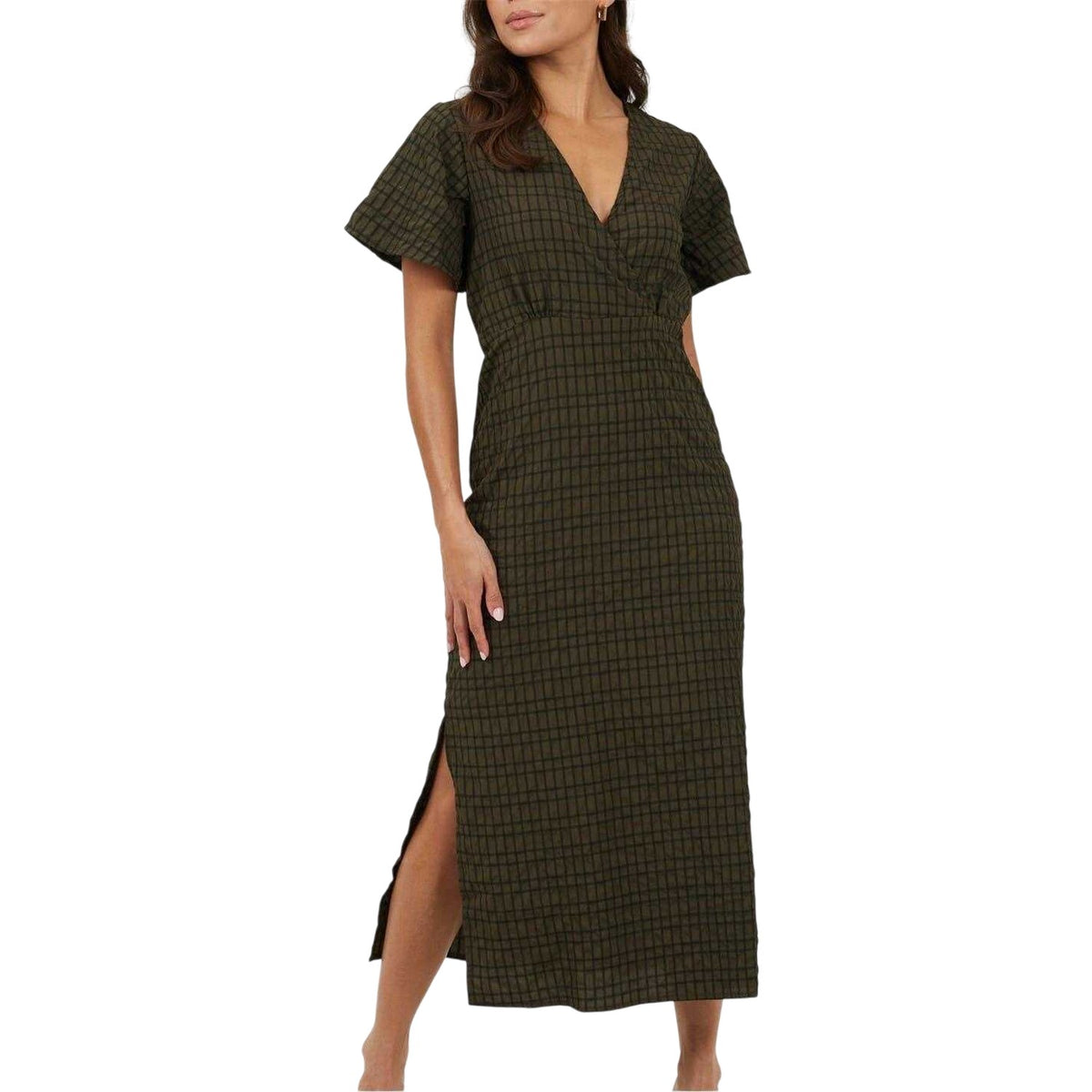 Khaki-Black - Front - Brave Soul Womens-Ladies Tie Back Short-Sleeved Midi Dress