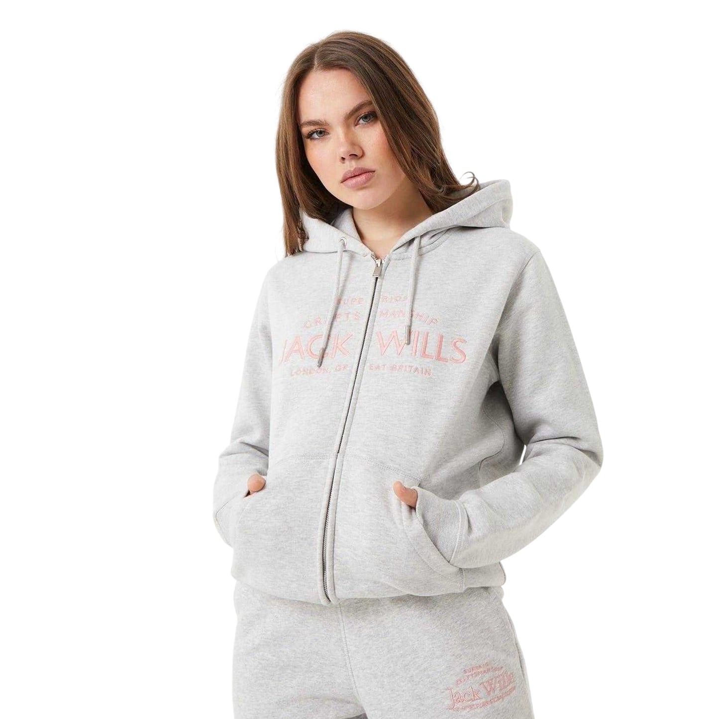 Grey Marl - Front - Jack Wills Womens-Ladies Hunston Logo Full Zip Hoodie