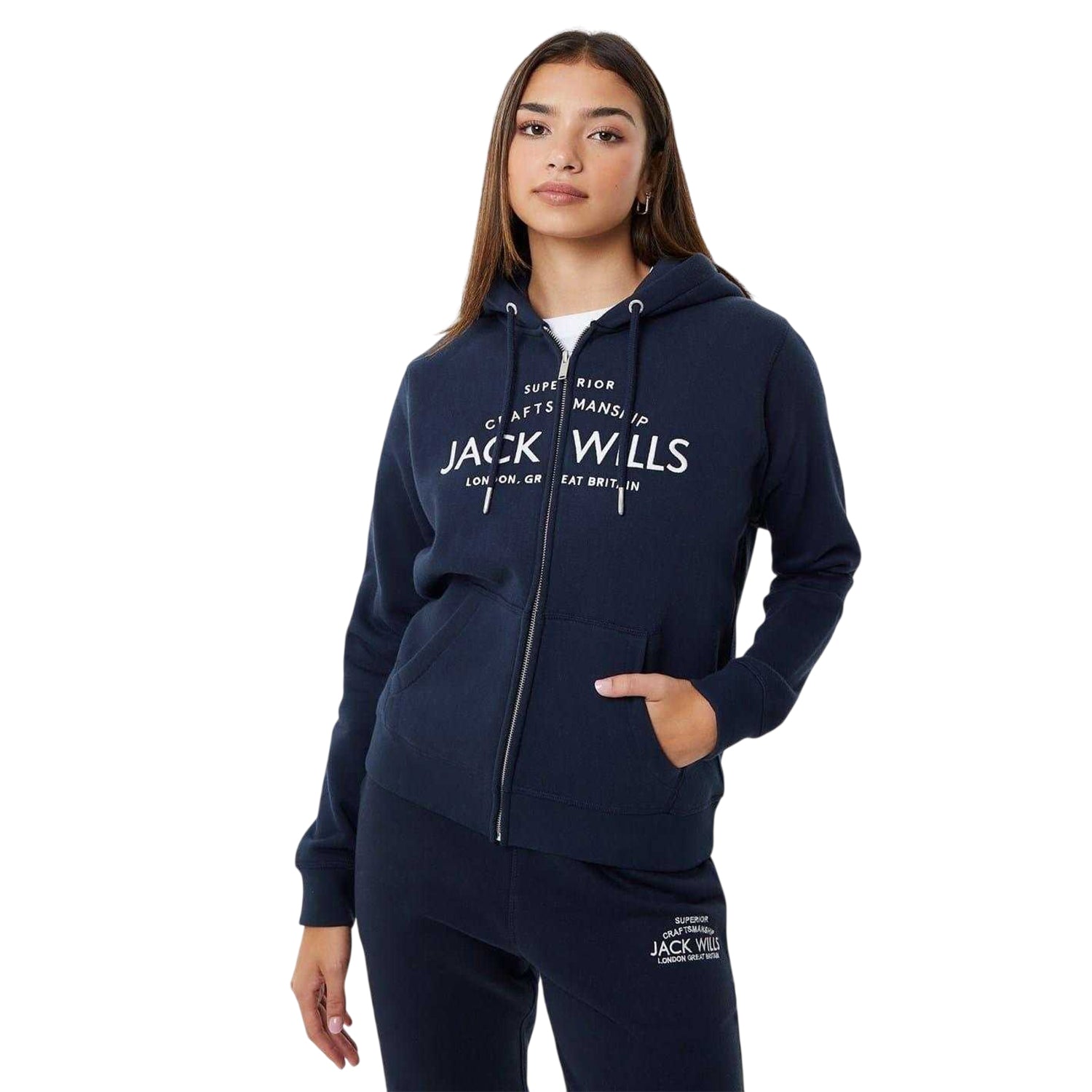Navy - Front - Jack Wills Womens-Ladies Hunston Logo Full Zip Hoodie