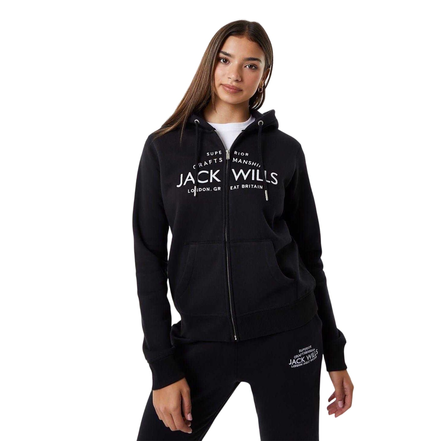 Black - Front - Jack Wills Womens-Ladies Hunston Logo Full Zip Hoodie