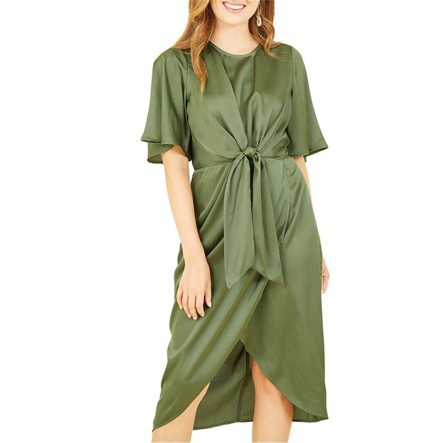Green - Side - Yumi Womens-Ladies Tie Detail Wrap Dress