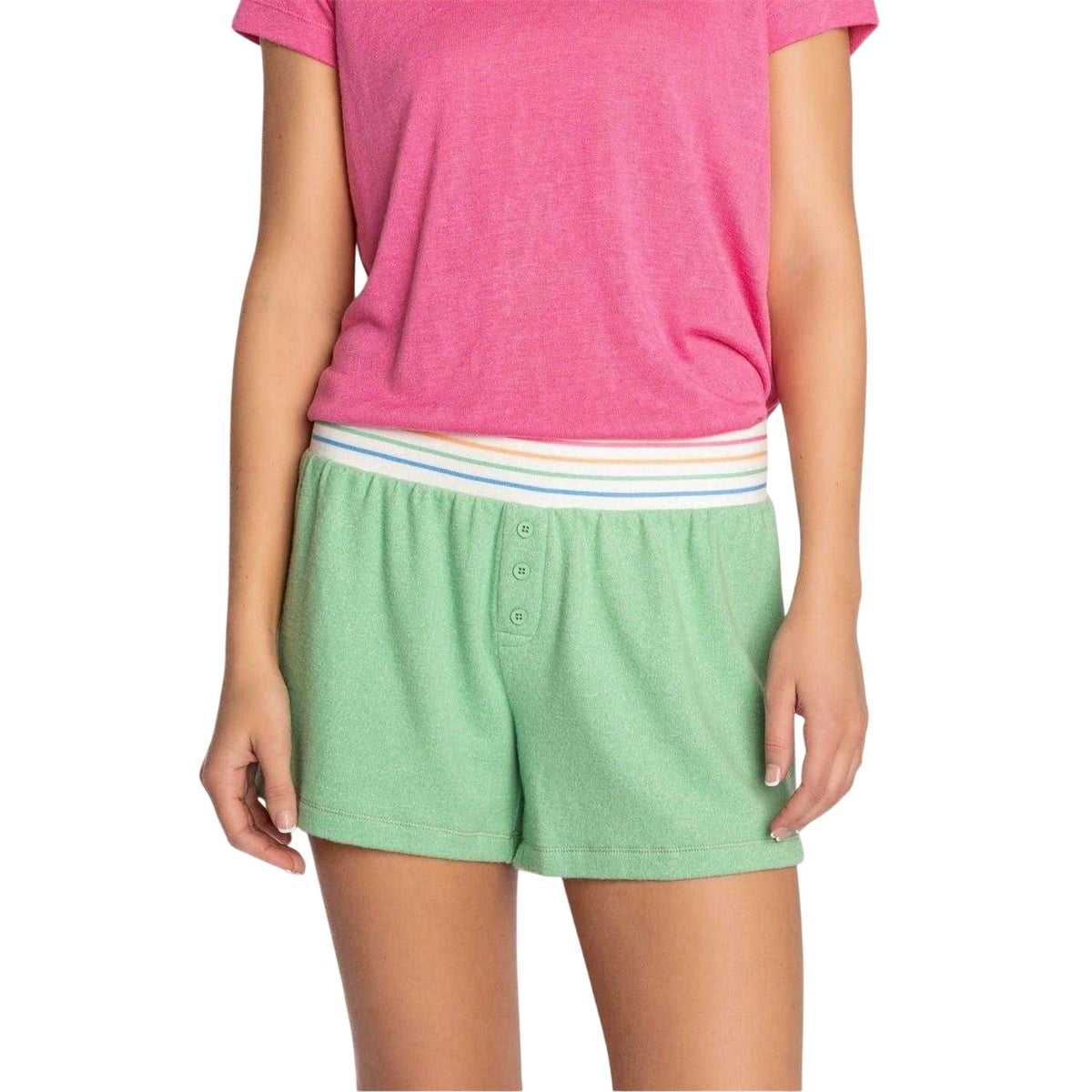 Green - Side - PJ Salvage Womens-Ladies Fresh & Fruity Jersey Rainbow Striped Shorts