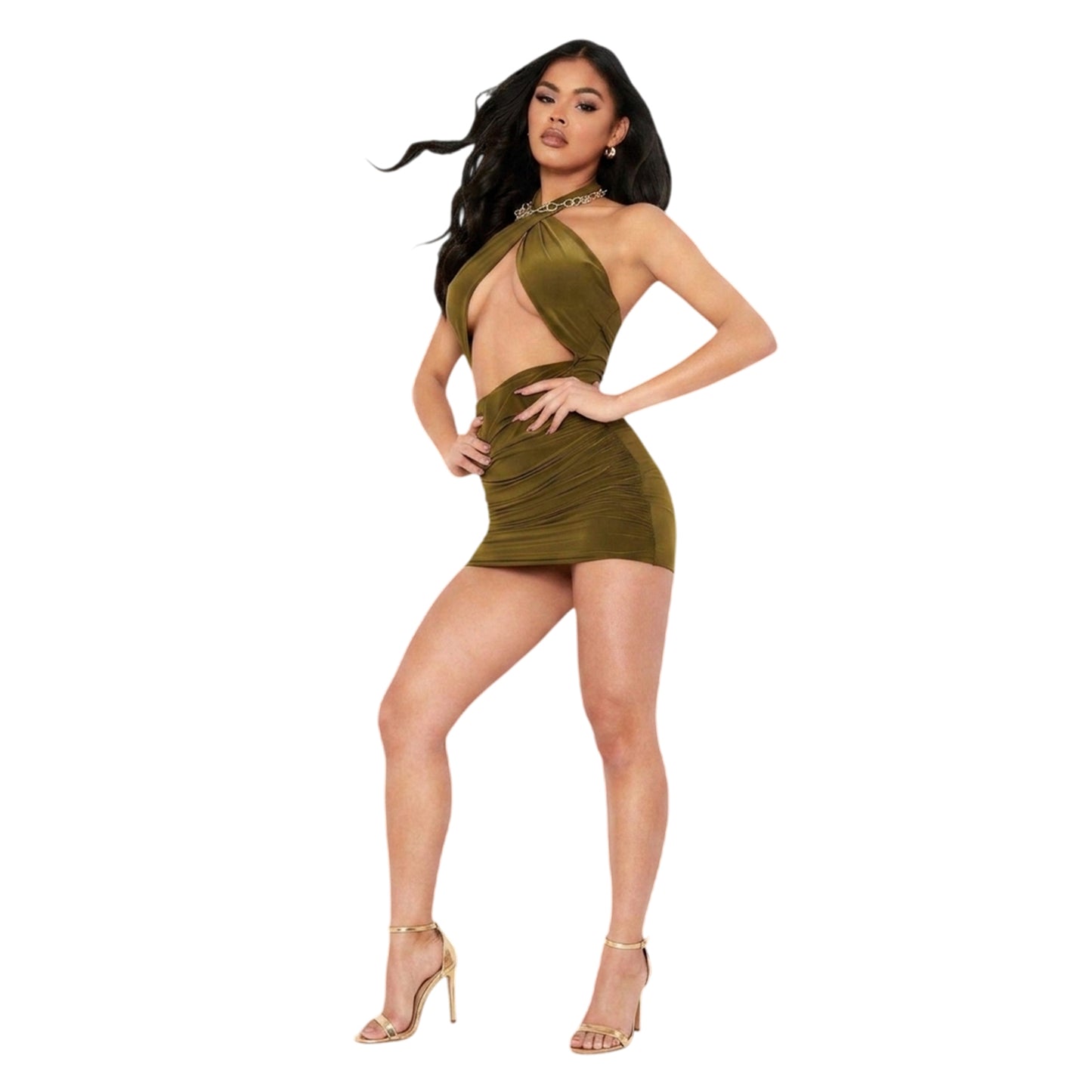 Olive - Side - Missy Empire Womens-Ladies Ruched Halter Neck Mini Dress