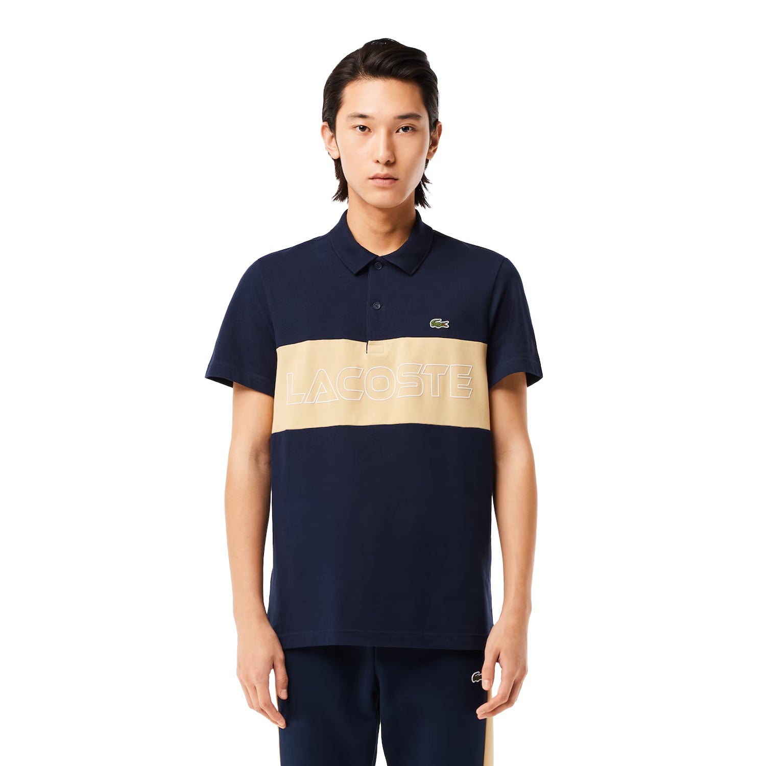 Navy-Cream - Side - Lacoste Mens Pique Stretch Regular Polo Shirt