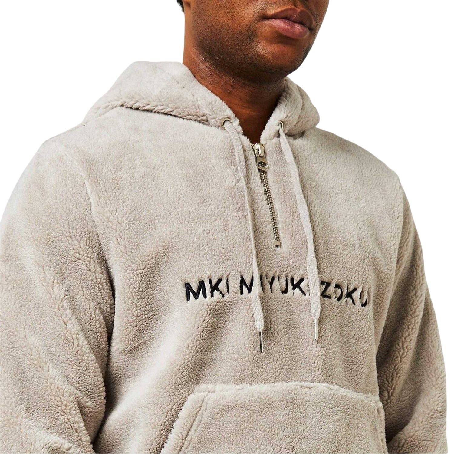Grey - Close up - MKI MIYUKI ZOKU Mens Logo Sherpa Quarter Zip Hoodie