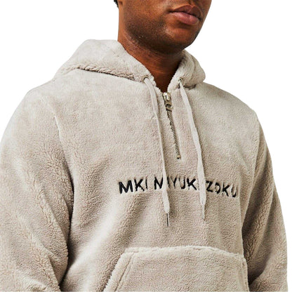 Grey - Close up - MKI MIYUKI ZOKU Mens Logo Sherpa Quarter Zip Hoodie