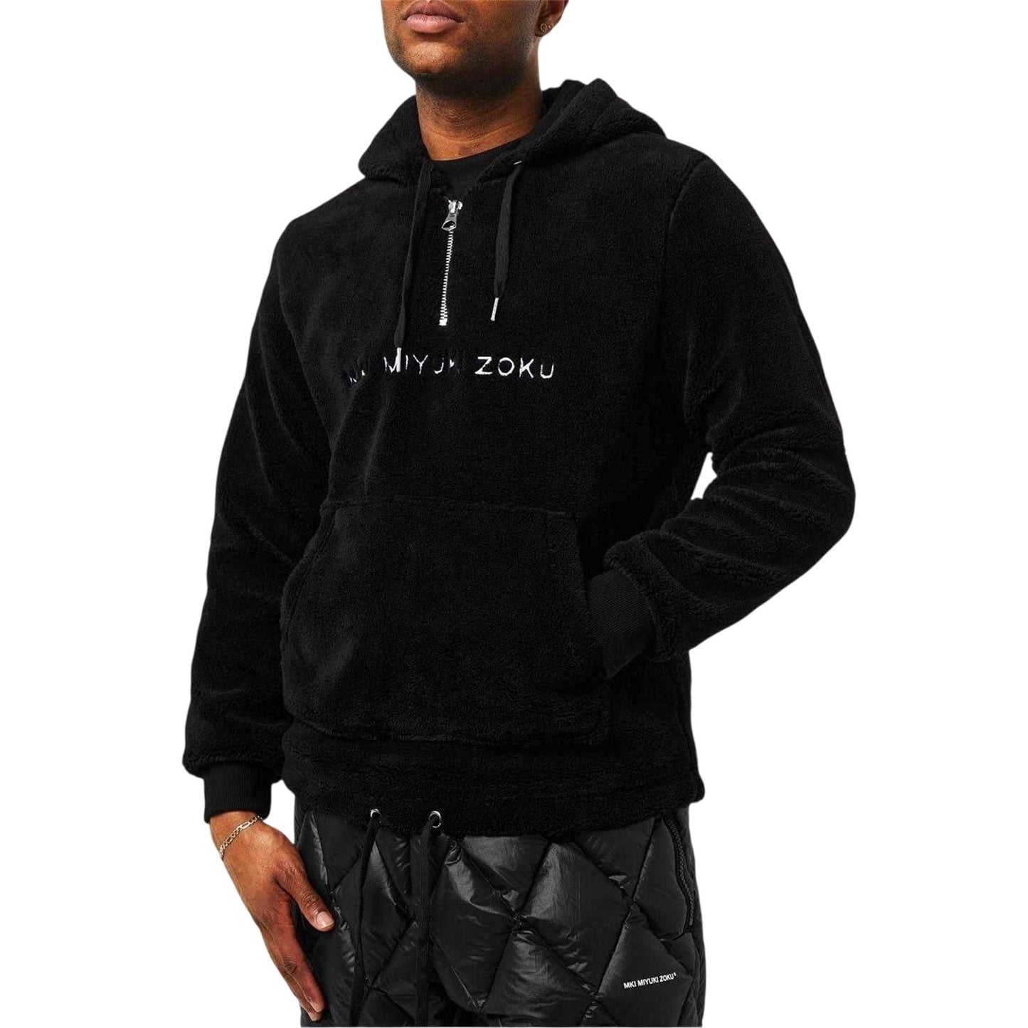 Black - Side - MKI MIYUKI ZOKU Mens Logo Sherpa Quarter Zip Hoodie