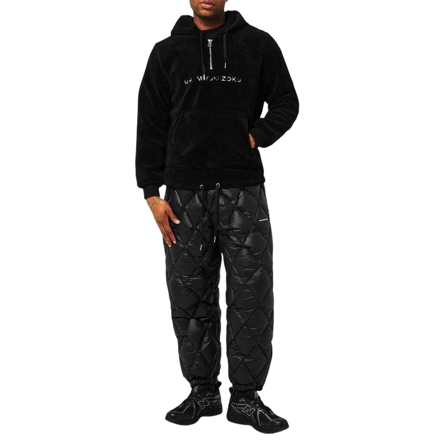 Black - Pack Shot - MKI MIYUKI ZOKU Mens Logo Sherpa Quarter Zip Hoodie
