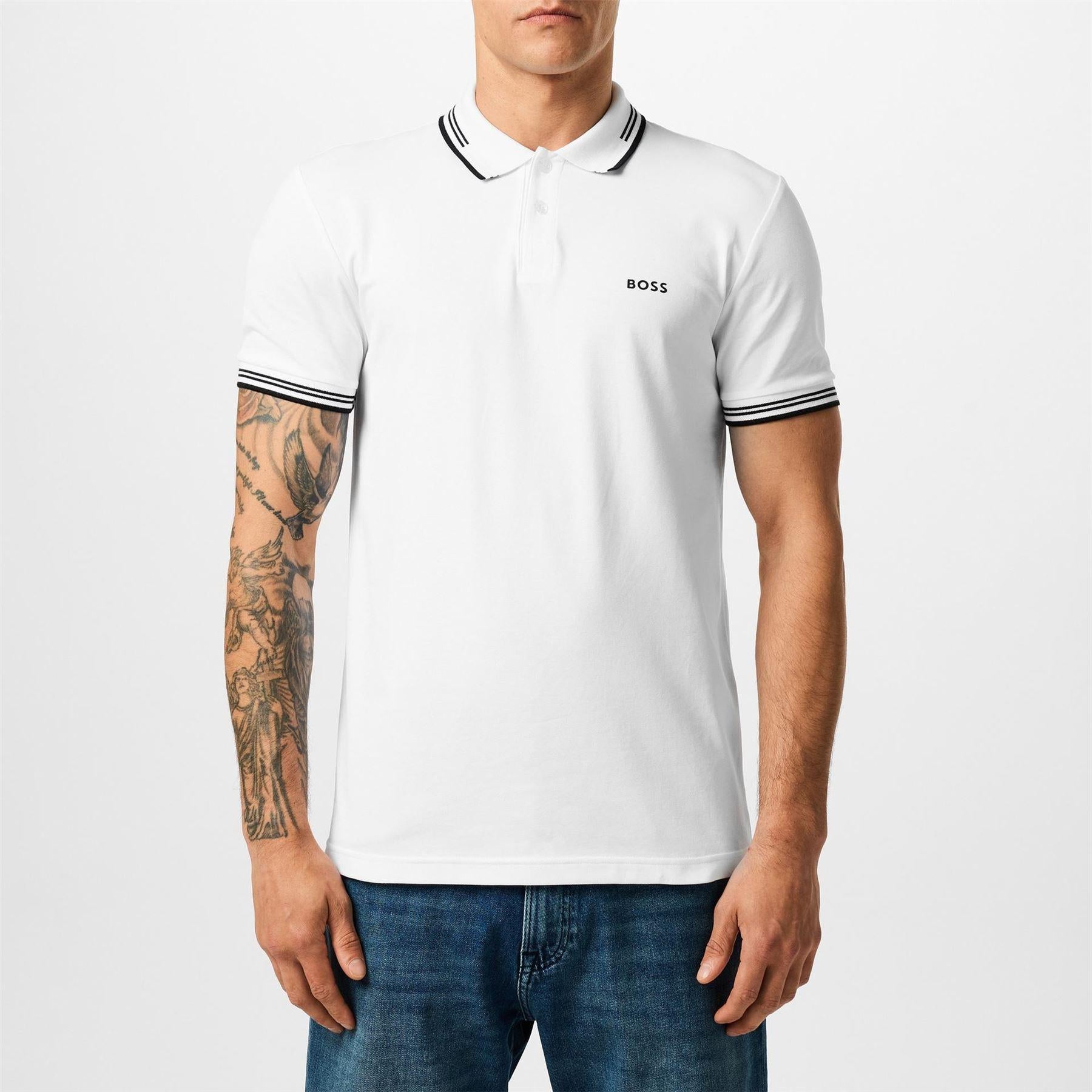 White - Side - Boss Mens Paul Contrast Striped Polo Shirt