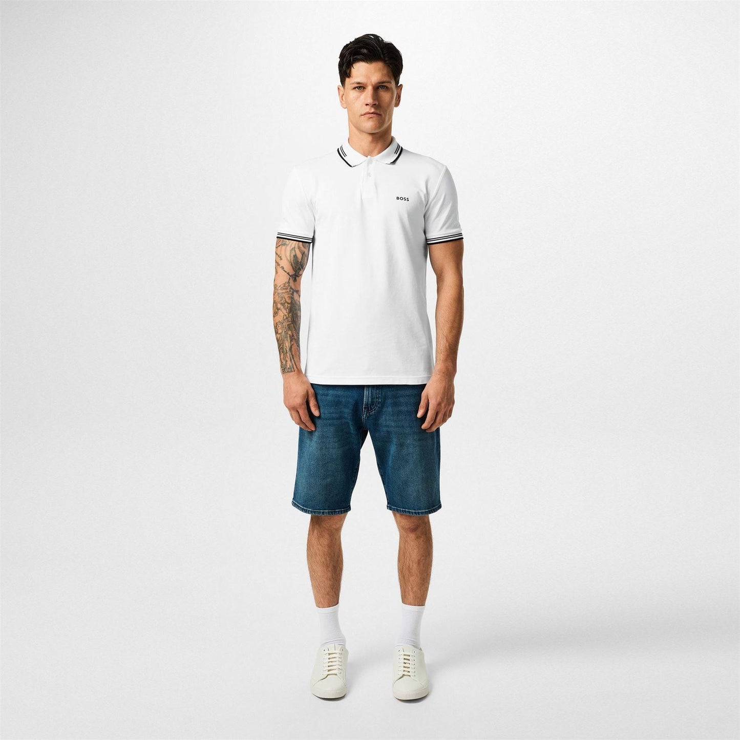 White - Pack Shot - Boss Mens Paul Contrast Striped Polo Shirt