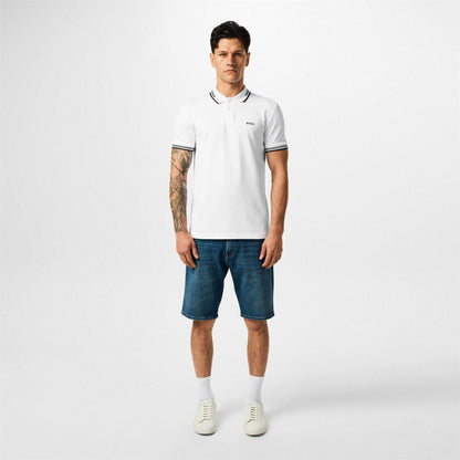 White - Pack Shot - Boss Mens Paul Contrast Striped Polo Shirt