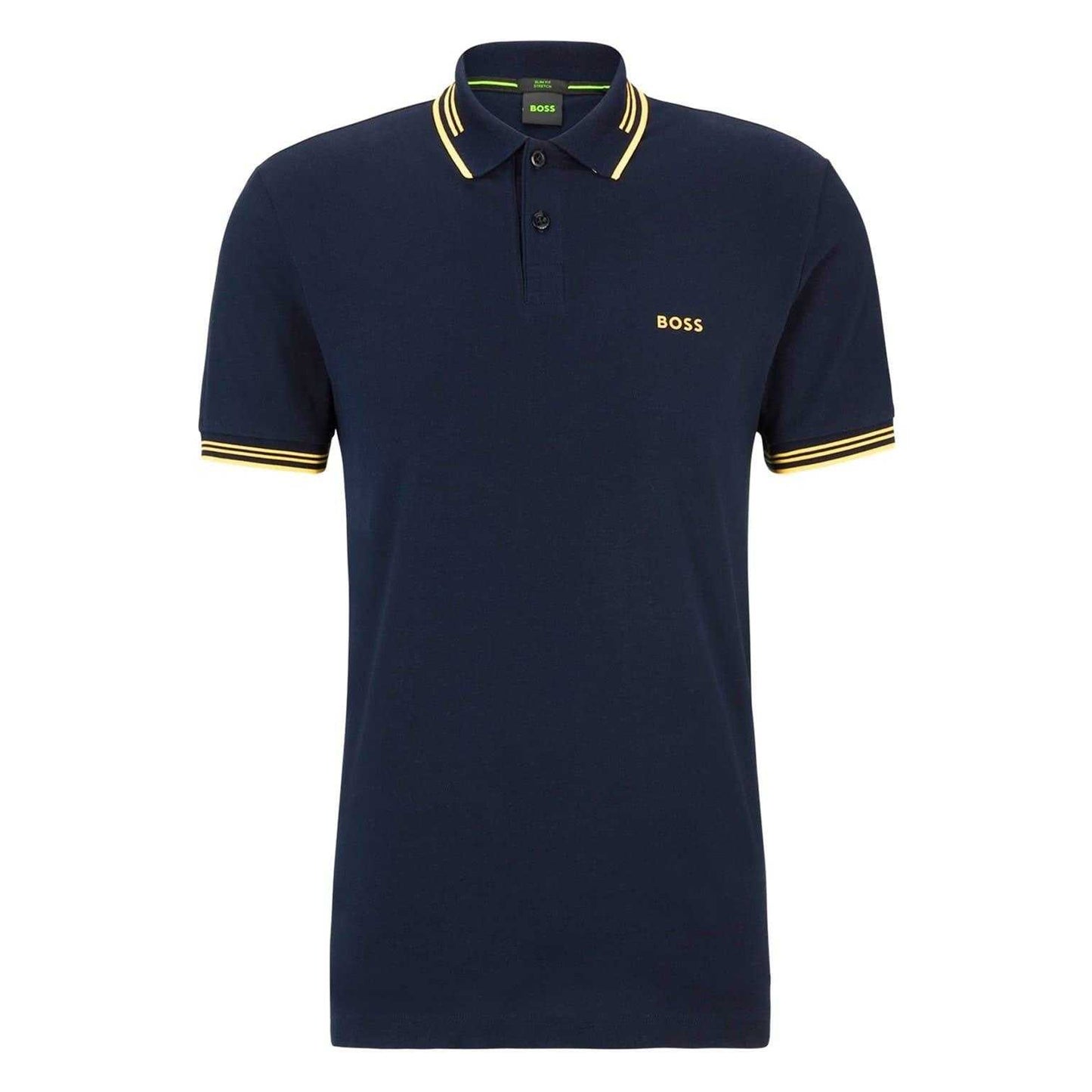 Navy-Gold - Front - Boss Mens Paul Contrast Striped Polo Shirt