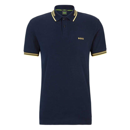 Navy-Gold - Front - Boss Mens Paul Contrast Striped Polo Shirt