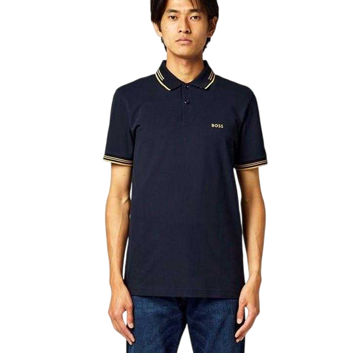 Navy-Gold - Side - Boss Mens Paul Contrast Striped Polo Shirt