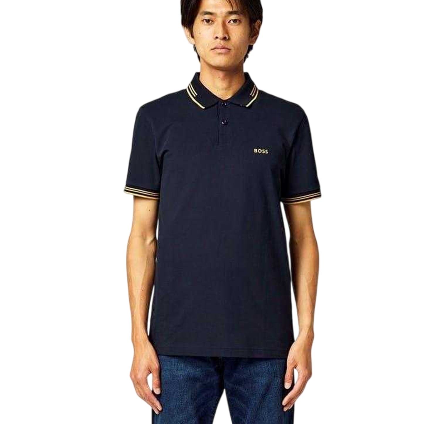 Navy-Gold - Side - Boss Mens Paul Contrast Striped Polo Shirt