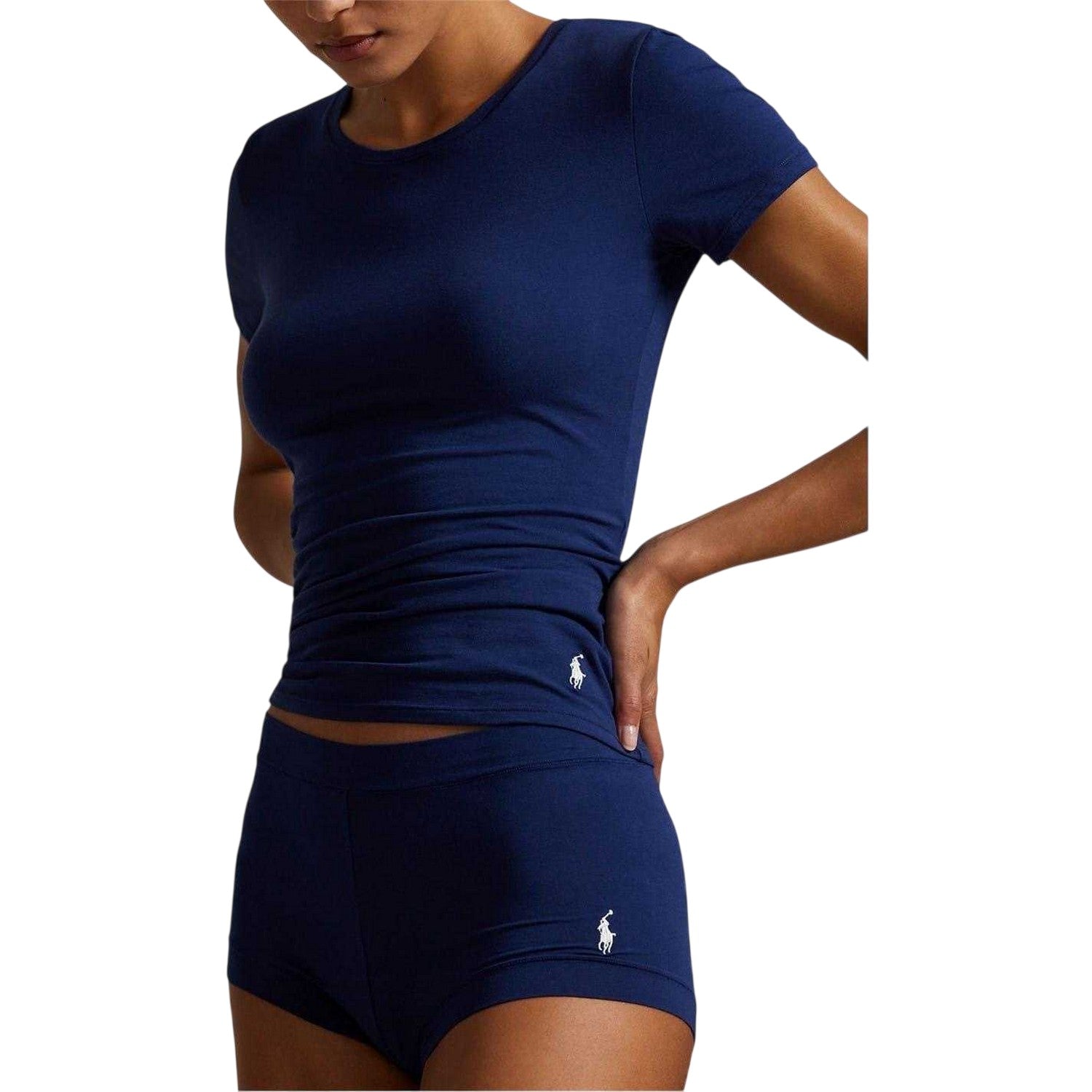 Navy - Side - Ralph Lauren Womens-Ladies Crew Neck Short Pyjama Set (Pack of 2)