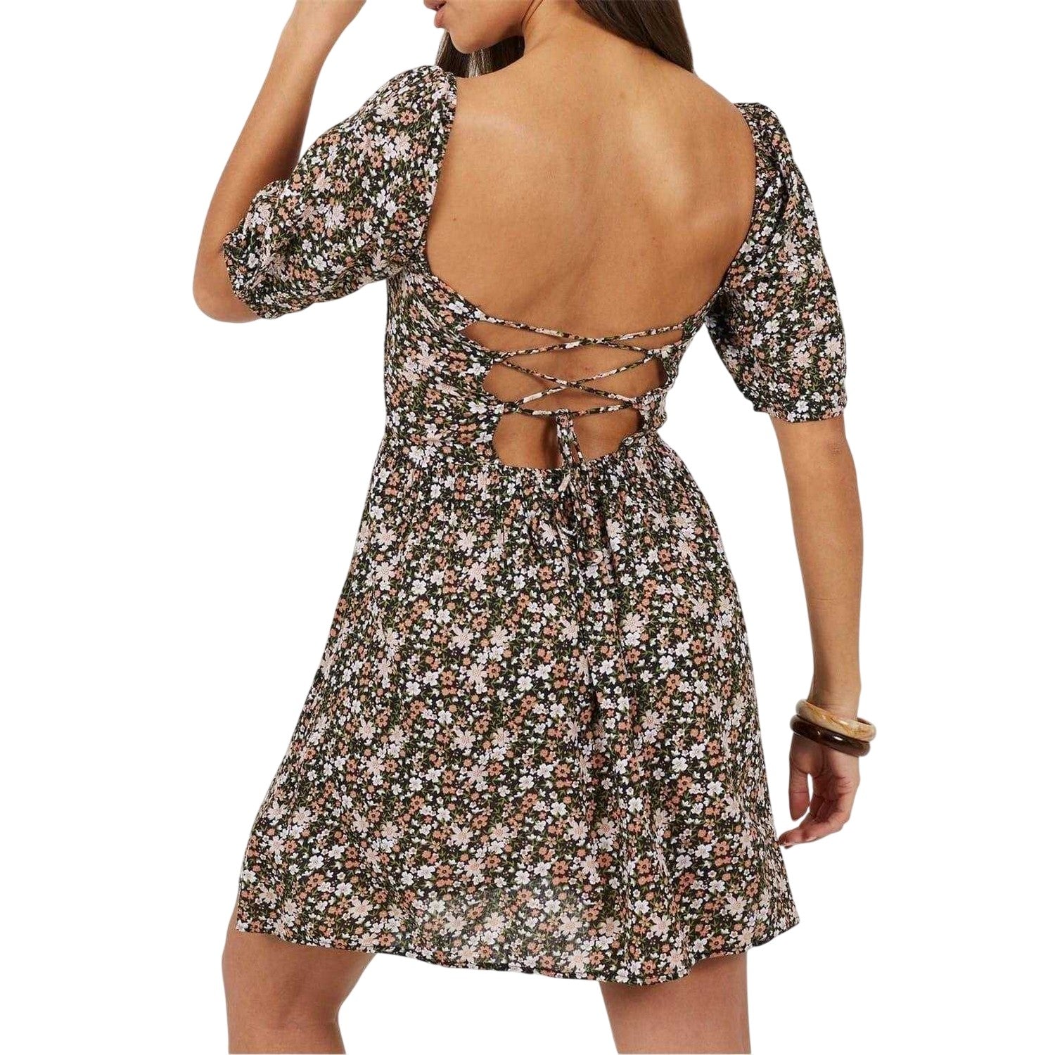 Pink-Multicoloured - Back - Brave Soul Womens-Ladies Floral Square Neck Puff Sleeve Mini Dress