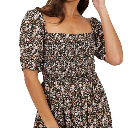 Pink-Multicoloured - Side - Brave Soul Womens-Ladies Floral Square Neck Puff Sleeve Mini Dress