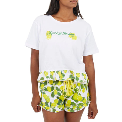 White-Yellow - Side - Brave Soul Womens-Ladies Lemon Short Pyjama Set