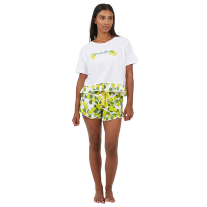 White-Yellow - Close up - Brave Soul Womens-Ladies Lemon Short Pyjama Set