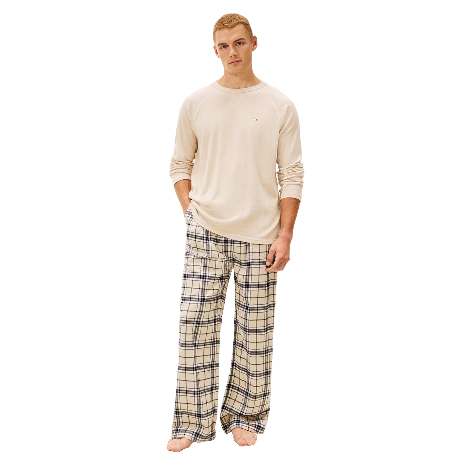 Cream-Tartan - Side - Tommy Hilfiger Mens Waffle Knit Crew Neck Long Pyjama Set