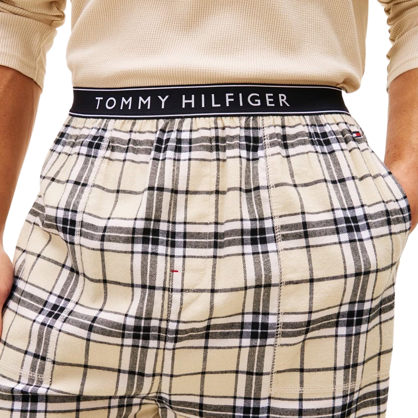 Cream-Tartan - Pack Shot - Tommy Hilfiger Mens Waffle Knit Crew Neck Long Pyjama Set