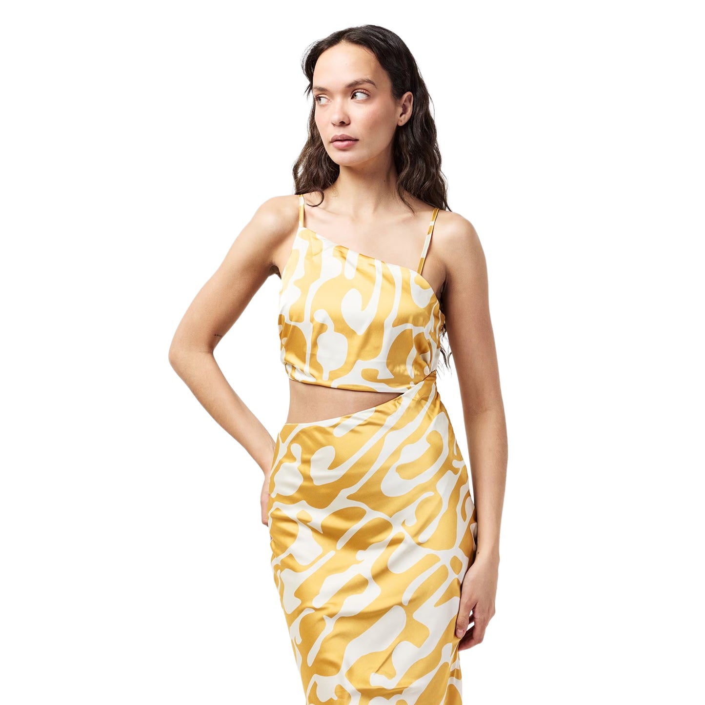 Mustard Print - Side - AX Paris Womens-Ladies Polyester Asymmetric Cut Out Party Midi Dress