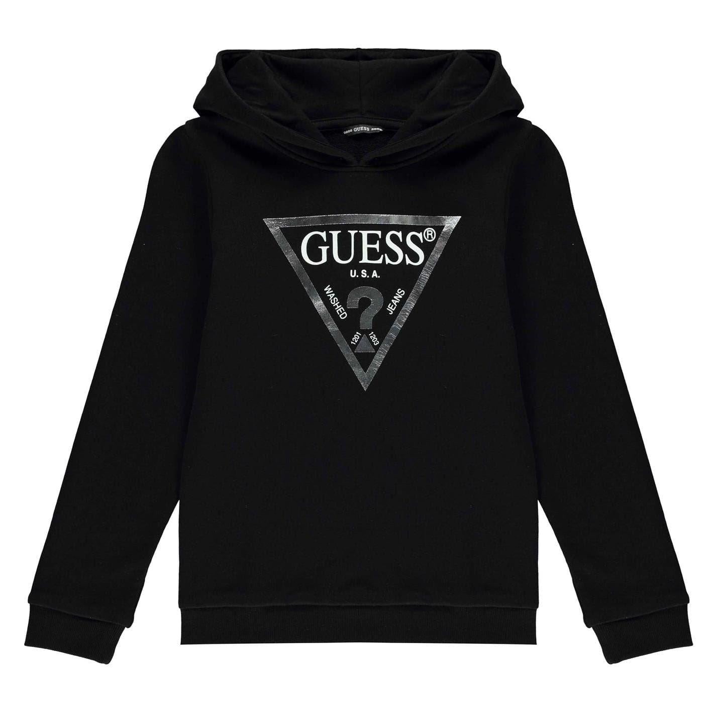 Black - Front - Guess Childrens-Kids Logo Cotton Hoodie