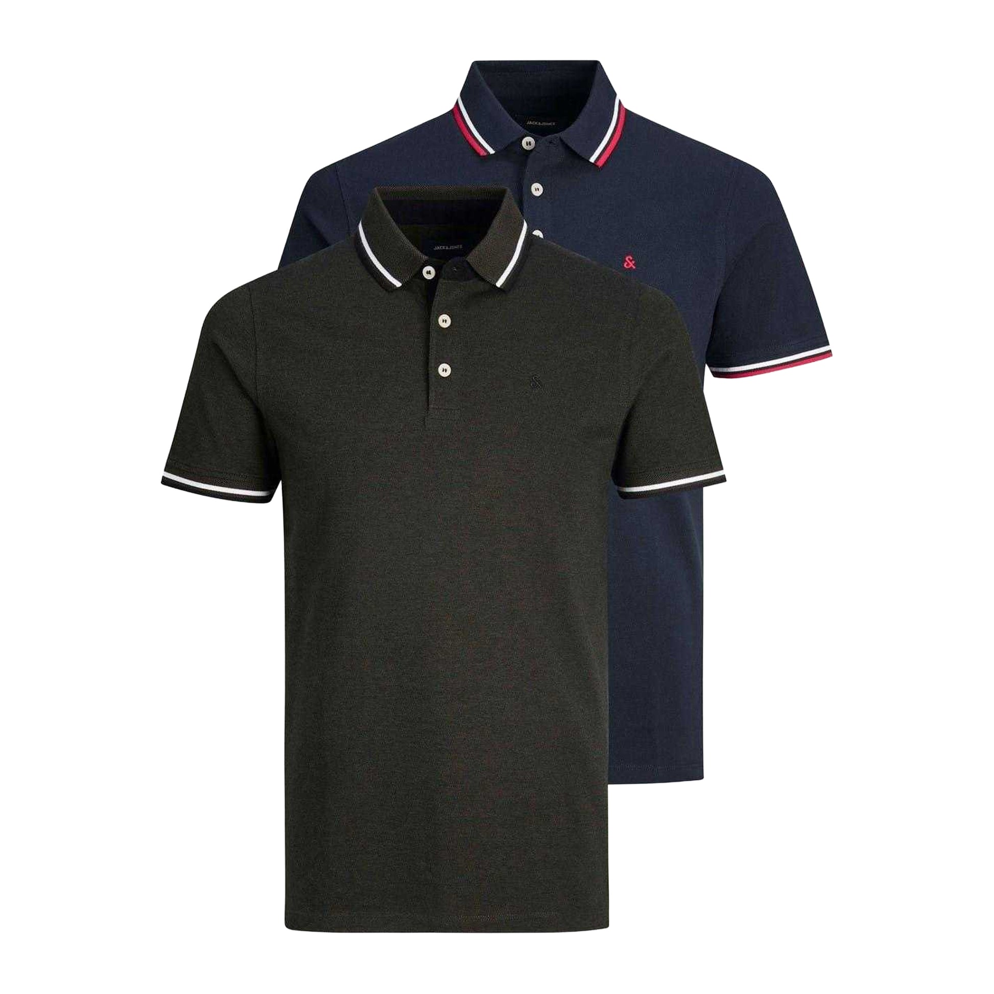 Navy-Forest - Front - Jack And Jones Mens Paulos Collared Polo Shirt (Pack of 2)