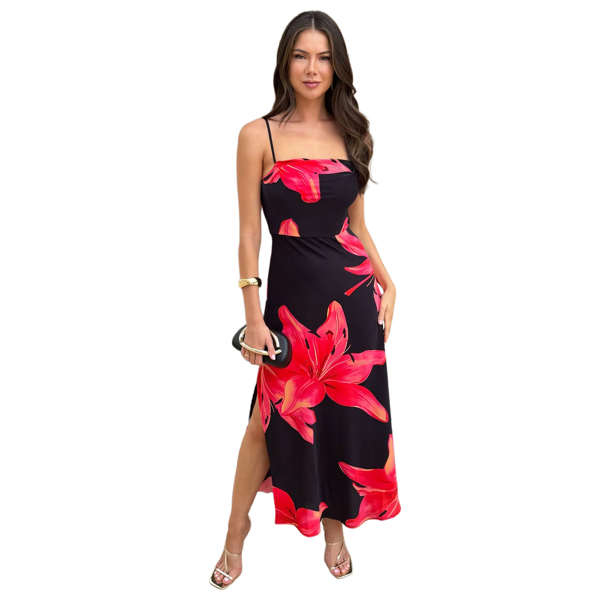 Black - Front - AX Paris Womens-Ladies Floral Strappy Midi Dress