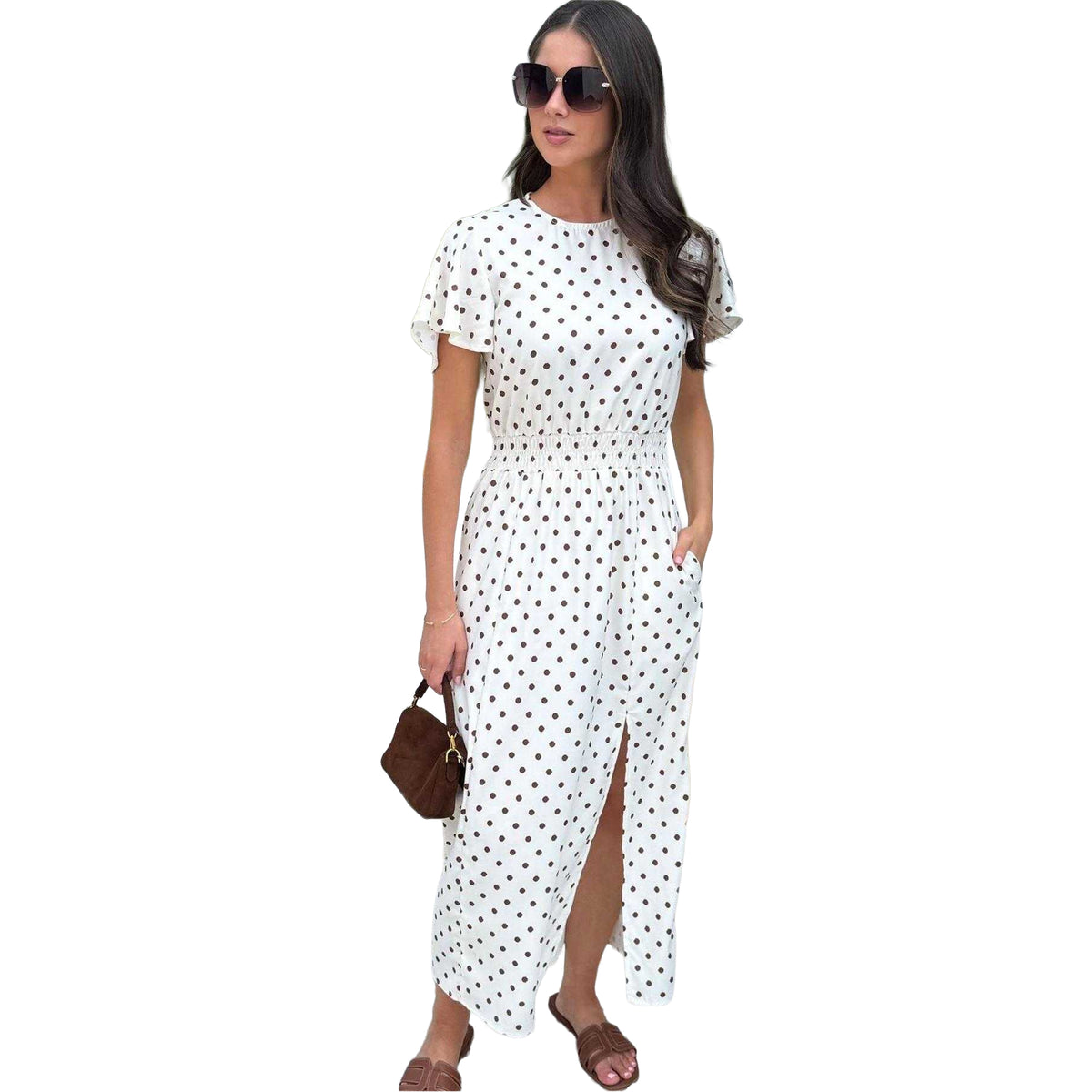 Cream - Side - AX Paris Womens-Ladies Polka Dot Polyester Shirred Waist Midi Dress