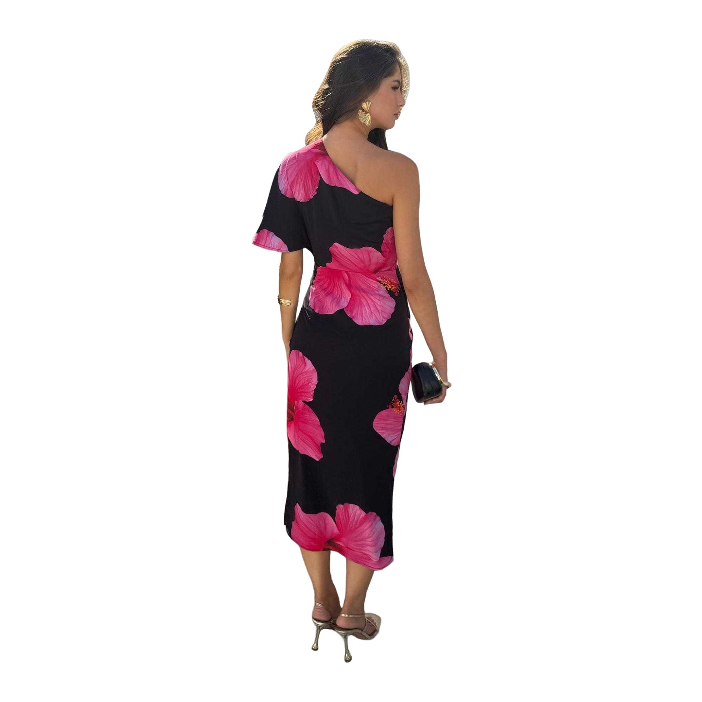 Black - Back - Ax Womens-Ladies Polyester One Sleeve Party Midi Dress