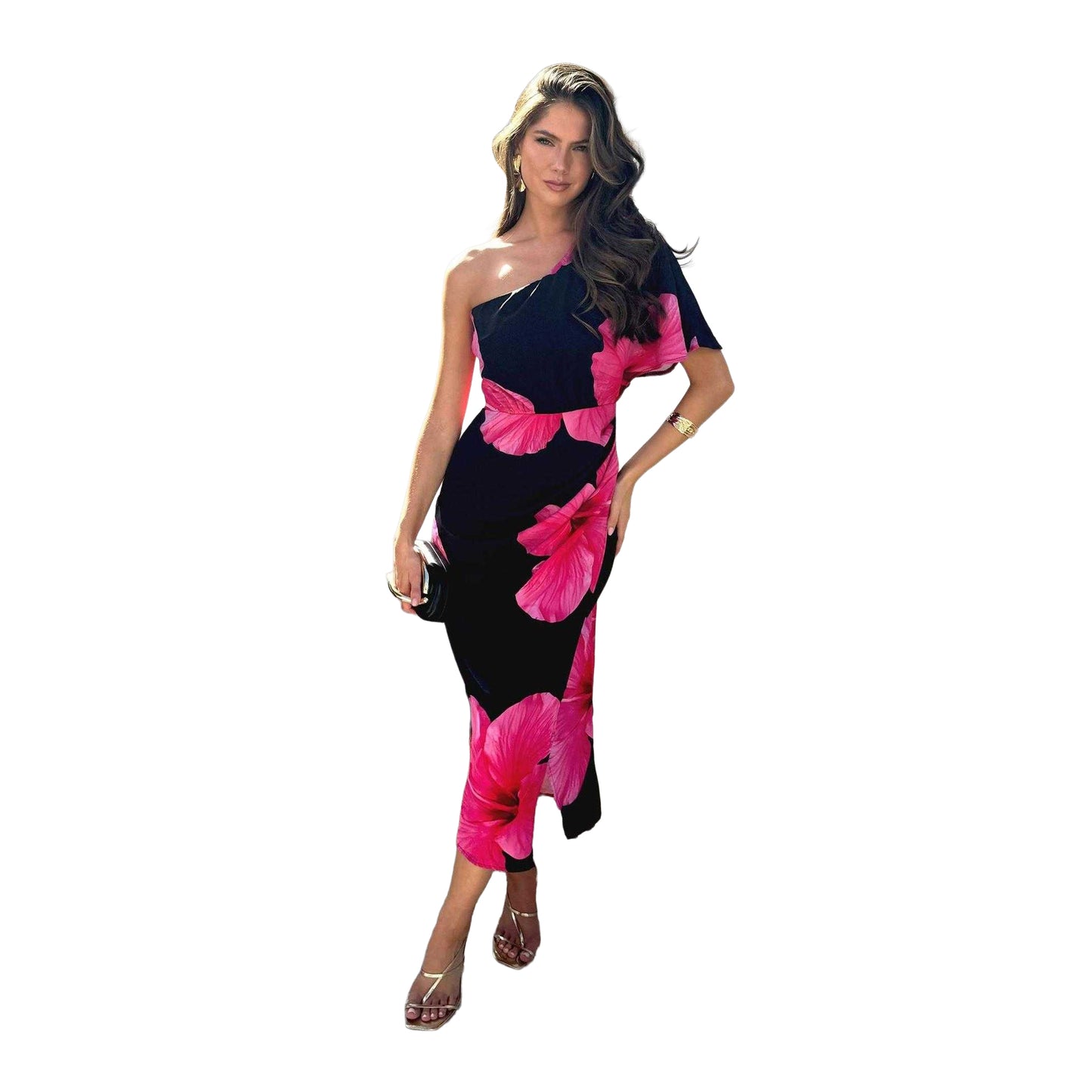 Black - Front - Ax Womens-Ladies Polyester One Sleeve Party Midi Dress