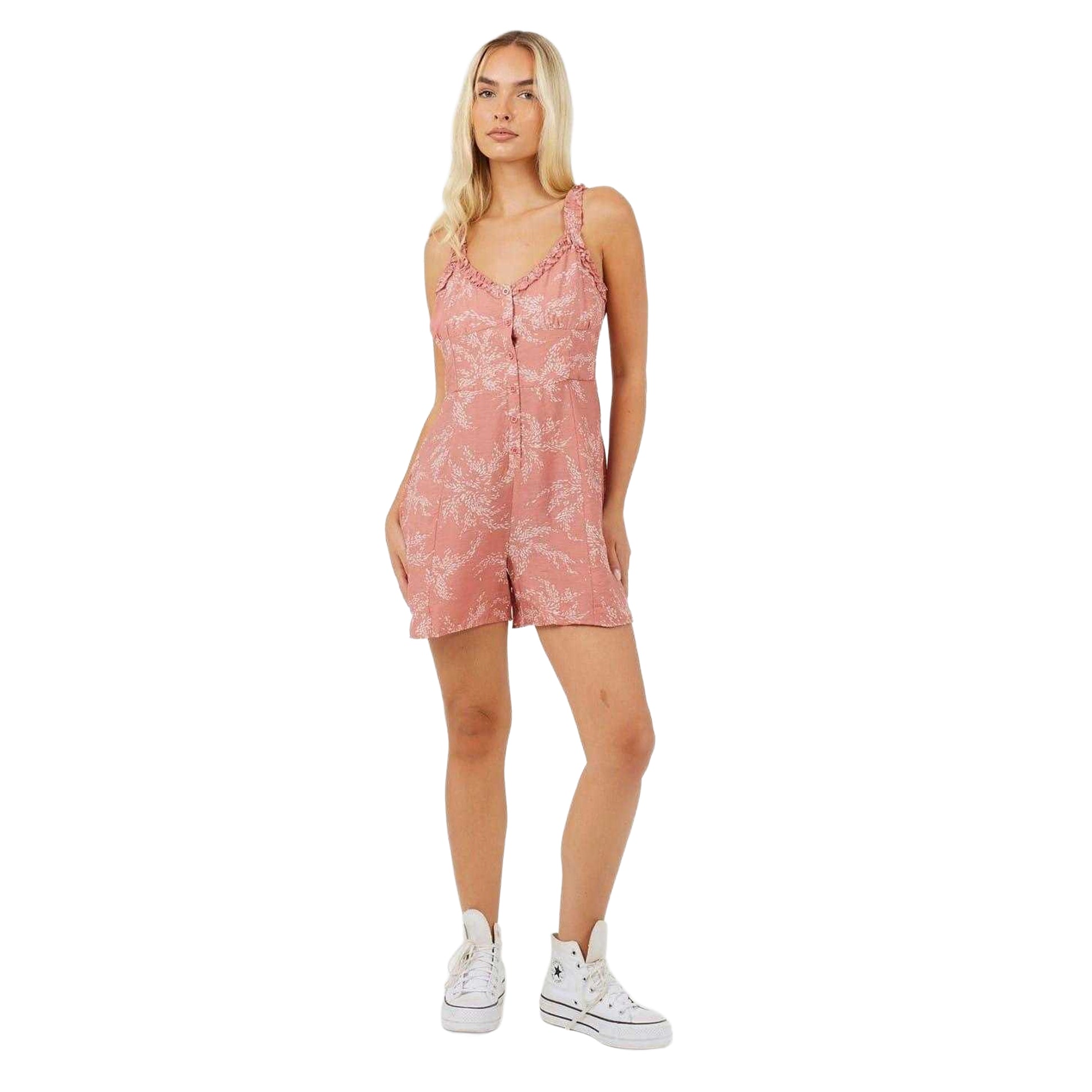 Pink - Lifestyle - Brave Soul Womens-Ladies Leaf Print V Neck Sleeveless Playsuit