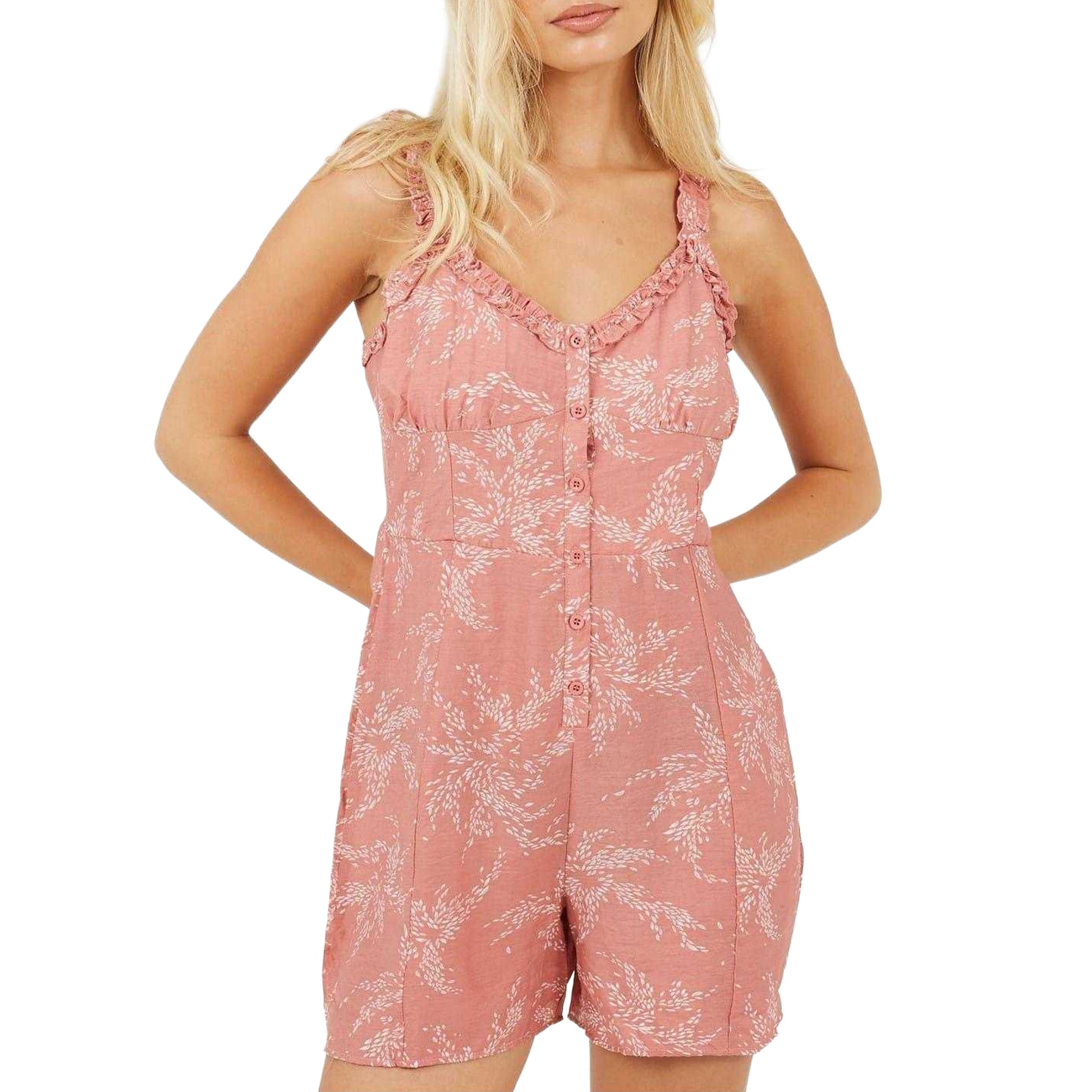 Pink - Front - Brave Soul Womens-Ladies Leaf Print V Neck Sleeveless Playsuit