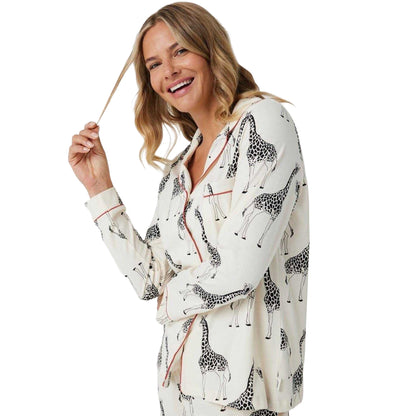 White - Side - Chelsea Peers Womens-Ladies Giraffe Button-Down Long Pyjama Set