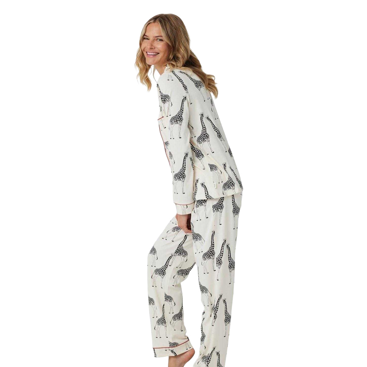 White - Lifestyle - Chelsea Peers Womens-Ladies Giraffe Button-Down Long Pyjama Set