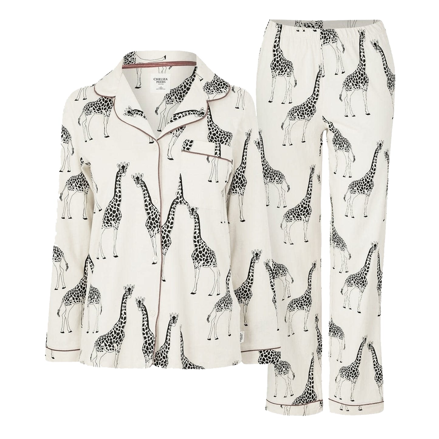 White - Front - Chelsea Peers Womens-Ladies Giraffe Button-Down Long Pyjama Set