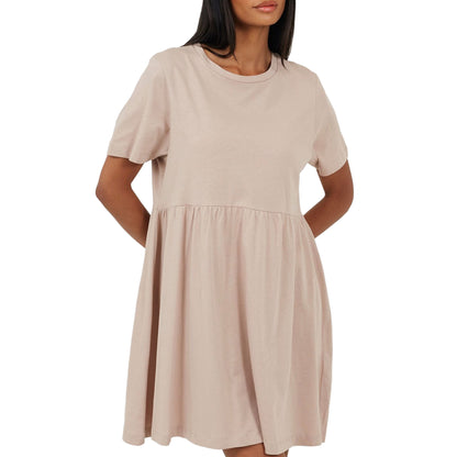 Mushroom - Front - Brave Soul Womens-Ladies Cotton Crew Neck Short-Sleeved Mini Dress